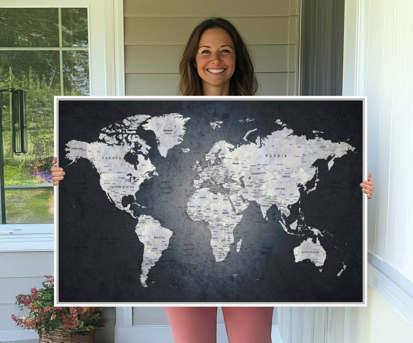 19124-MGV-CV-36X24-Large Wall Art Push Pin World Map Canvas Print