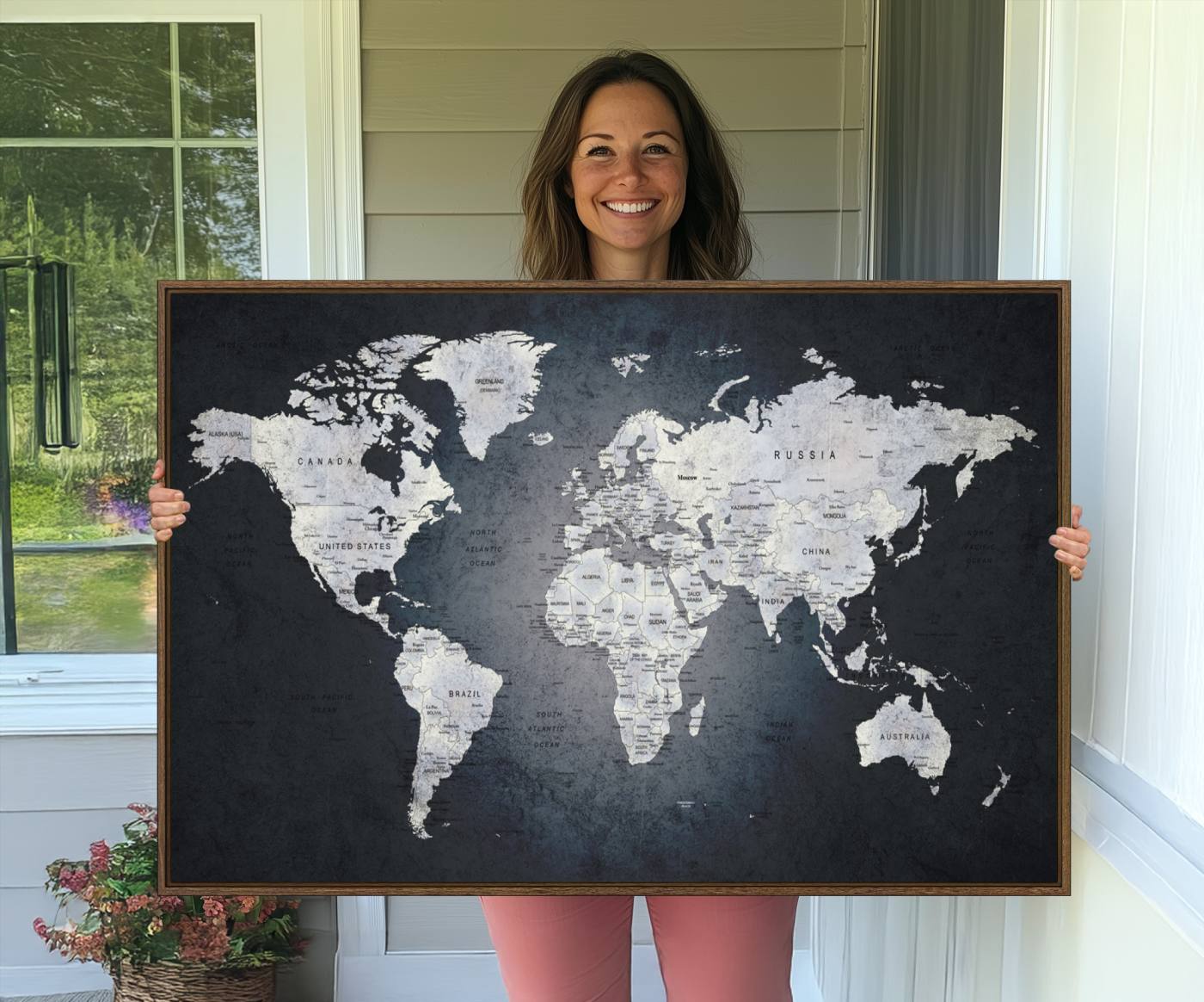 19124-MGV-CV-36X24-Large Wall Art Push Pin World Map Canvas Print