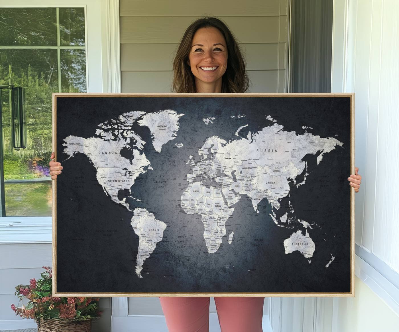 19124-MGV-CV-36X24-Large Wall Art Push Pin World Map Canvas Print