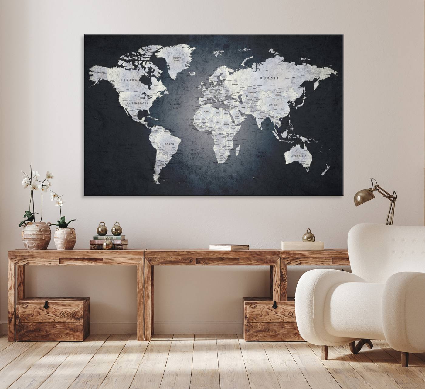 19124-MGV-CV-36X24-Large Wall Art Push Pin World Map Canvas Print