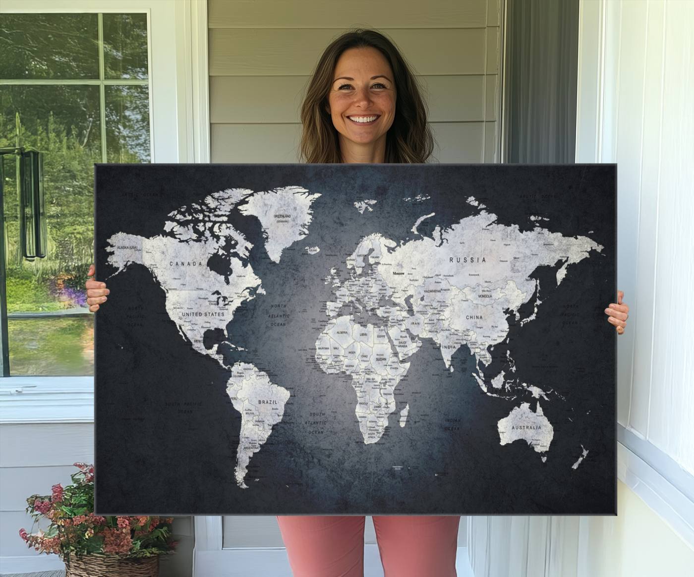 19124-MGV-CV-36X24-Large Wall Art Push Pin World Map Canvas Print