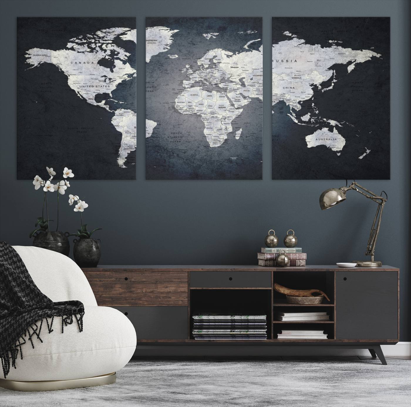 19124-MGV-CV-60X30-3P-Large Wall Art Push Pin World Map Canvas Print