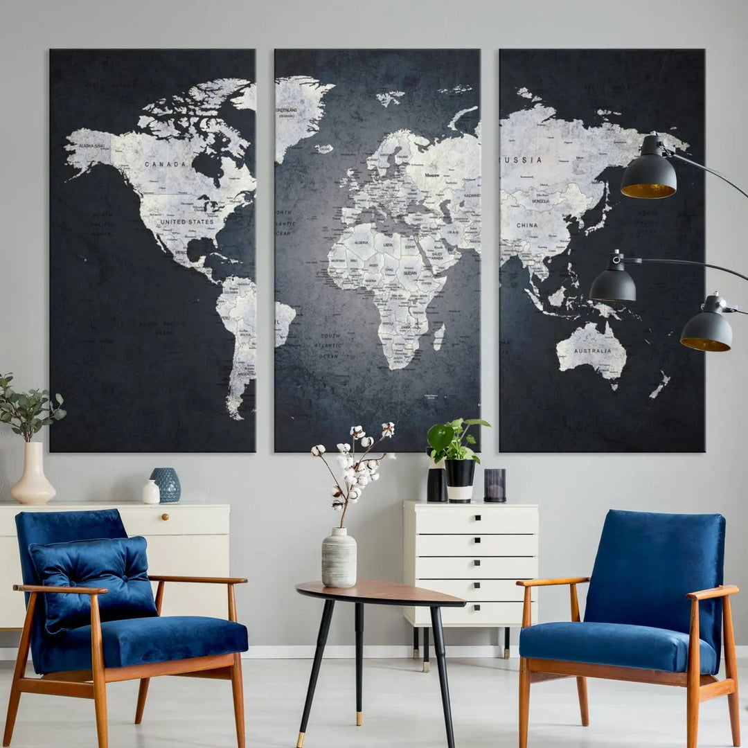 The Large Wall Art Push Pin World Map Canvas Print, featuring a three-panel design on museum-quality canvas, adorns the wall.