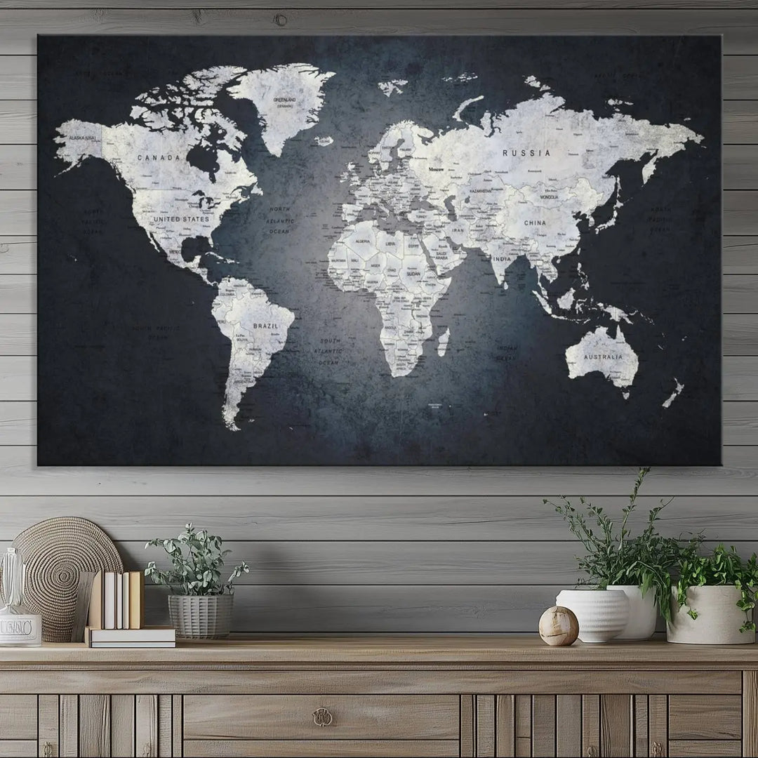 The Large Wall Art Push Pin World Map Canvas Print, featuring a three-panel design on museum-quality canvas, adorns the wall.