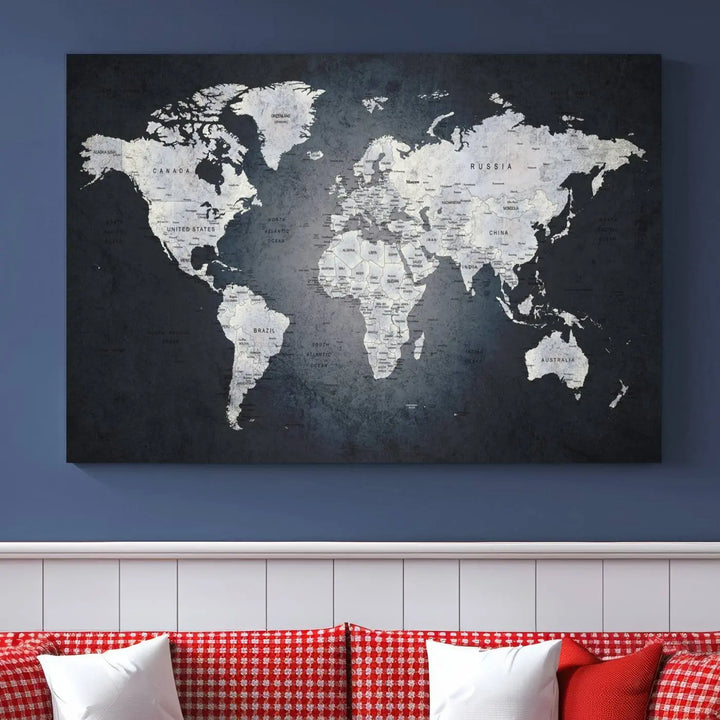 The Large Wall Art Push Pin World Map Canvas Print, featuring a three-panel design on museum-quality canvas, adorns the wall.