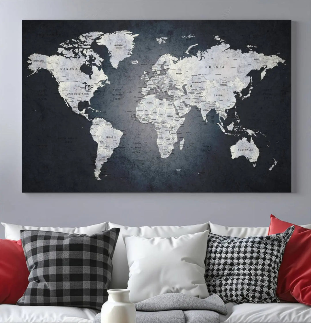 The Large Wall Art Push Pin World Map Canvas Print, featuring a three-panel design on museum-quality canvas, adorns the wall.