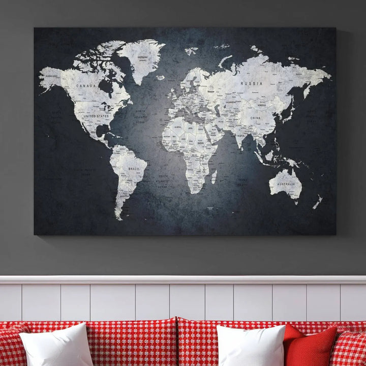 The Large Wall Art Push Pin World Map Canvas Print, featuring a three-panel design on museum-quality canvas, adorns the wall.