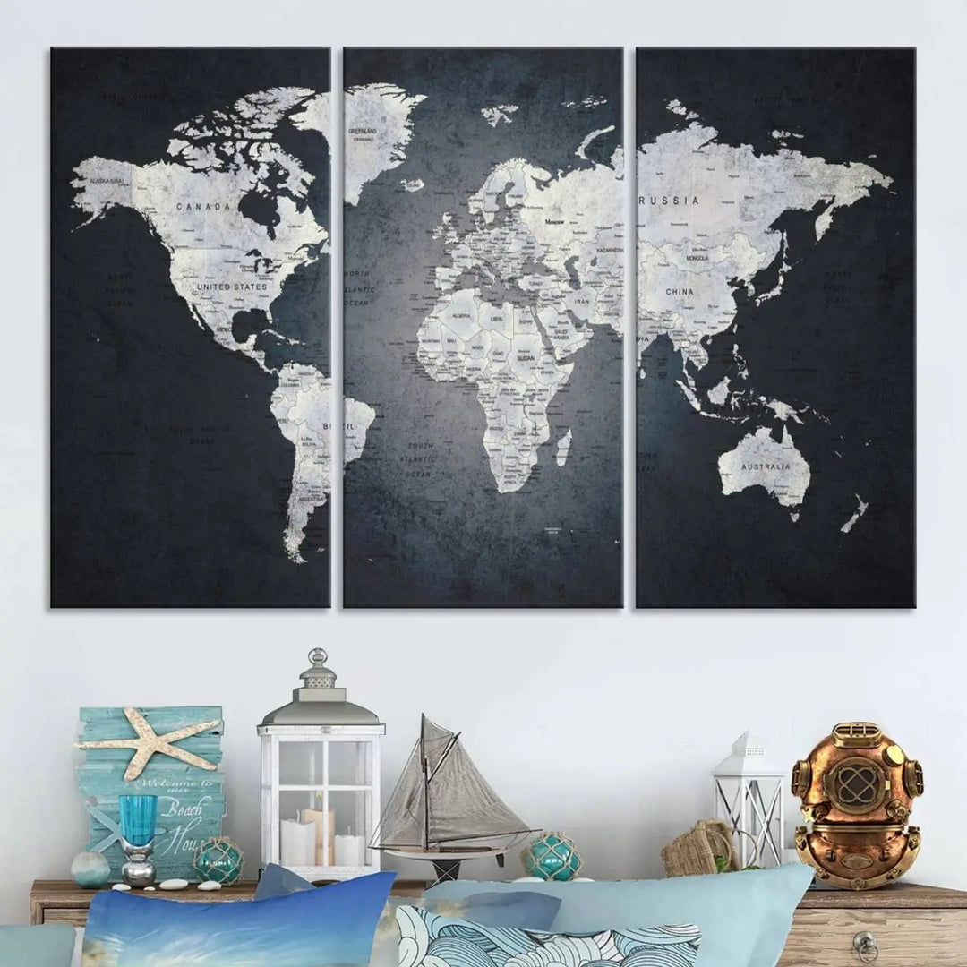 The Large Wall Art Push Pin World Map Canvas Print, featuring a three-panel design on museum-quality canvas, adorns the wall.