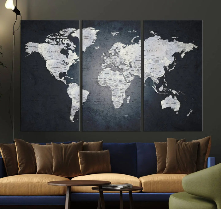 The Large Wall Art Push Pin World Map Canvas Print, featuring a three-panel design on museum-quality canvas, adorns the wall.