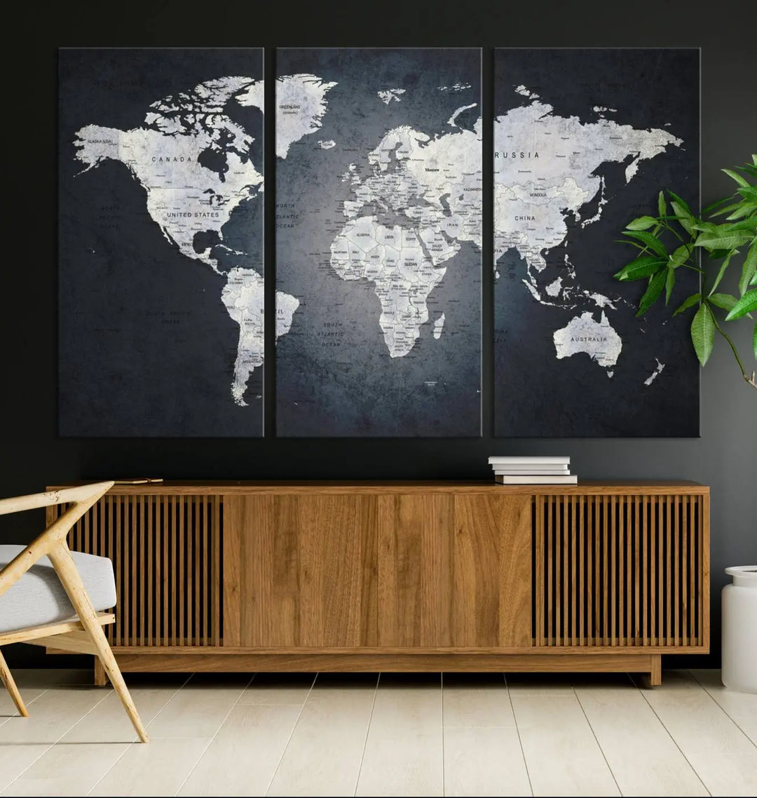 The Large Wall Art Push Pin World Map Canvas Print, featuring a three-panel design on museum-quality canvas, adorns the wall.