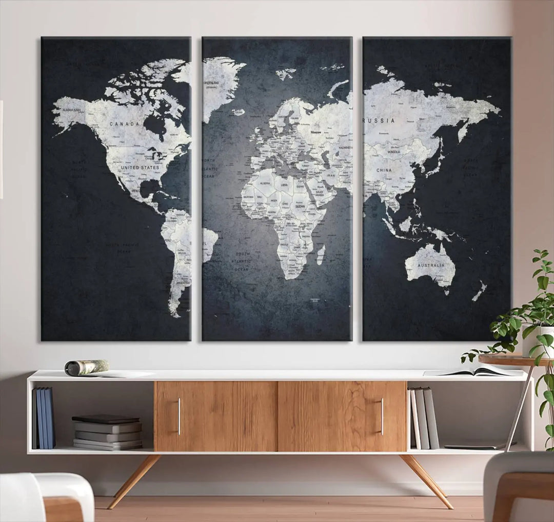 The Large Wall Art Push Pin World Map Canvas Print, featuring a three-panel design on museum-quality canvas, adorns the wall.