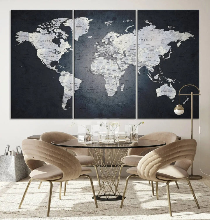 The Large Wall Art Push Pin World Map Canvas Print, featuring a three-panel design on museum-quality canvas, adorns the wall.