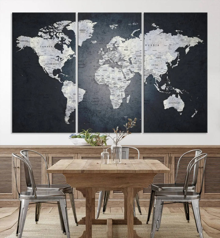 The Large Wall Art Push Pin World Map Canvas Print, featuring a three-panel design on museum-quality canvas, adorns the wall.