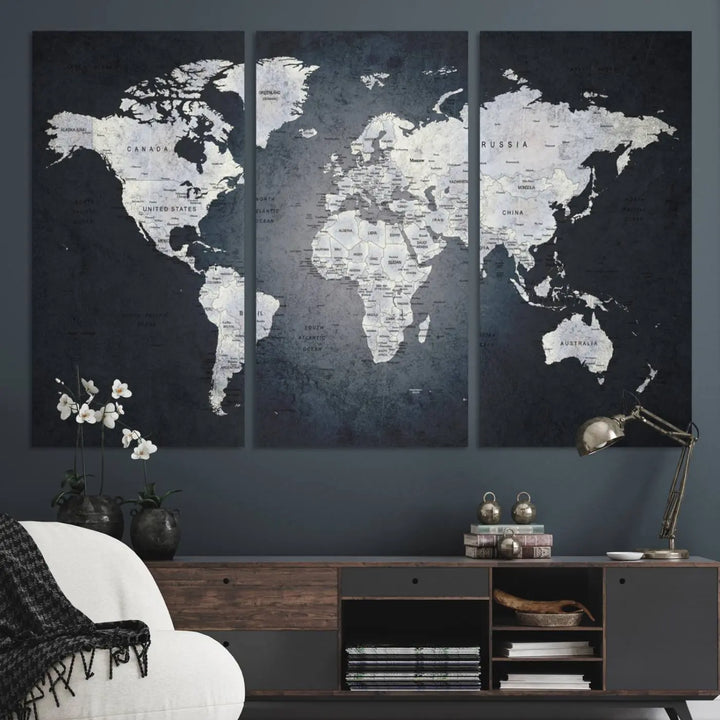 The Large Wall Art Push Pin World Map Canvas Print, featuring a three-panel design on museum-quality canvas, adorns the wall.