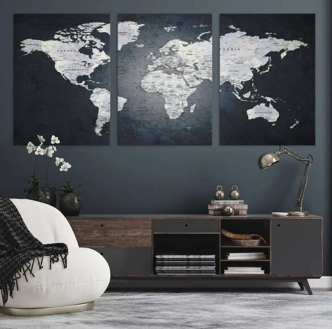 The Large Wall Art Push Pin World Map Canvas Print, featuring a three-panel design on museum-quality canvas, adorns the wall.