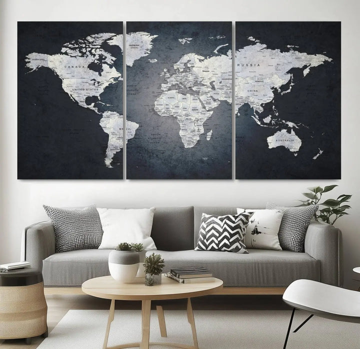 The Large Wall Art Push Pin World Map Canvas Print, featuring a three-panel design on museum-quality canvas, adorns the wall.