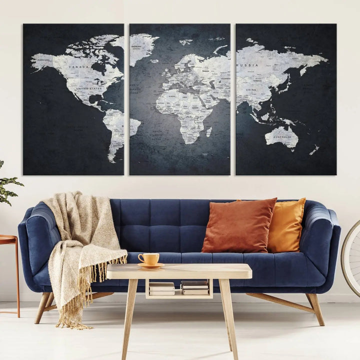 The Large Wall Art Push Pin World Map Canvas Print, featuring a three-panel design on museum-quality canvas, adorns the wall.