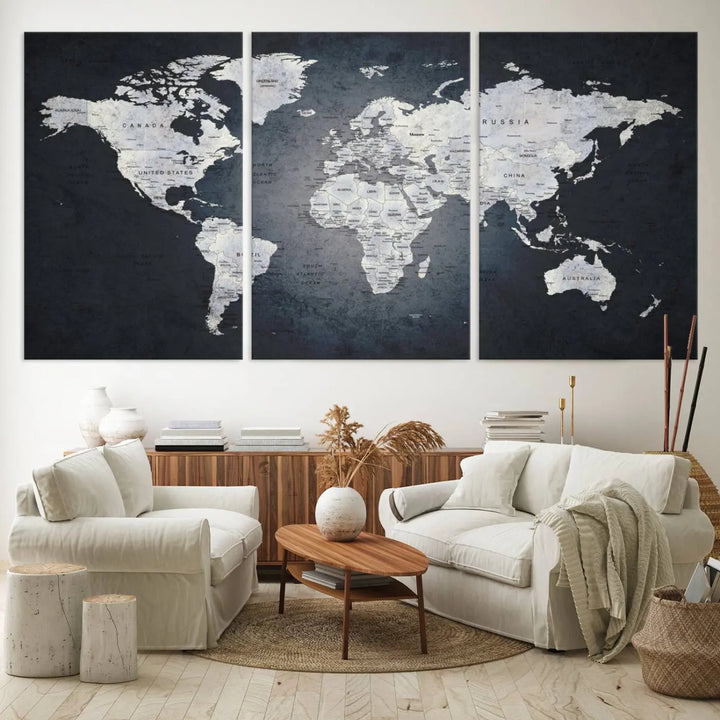 The Large Wall Art Push Pin World Map Canvas Print, featuring a three-panel design on museum-quality canvas, adorns the wall.