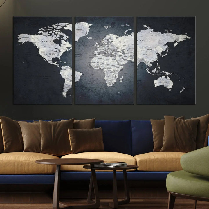 The Large Wall Art Push Pin World Map Canvas Print, featuring a three-panel design on museum-quality canvas, adorns the wall.