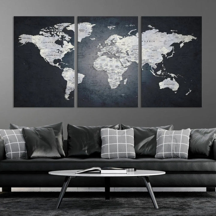 The Large Wall Art Push Pin World Map Canvas Print, featuring a three-panel design on museum-quality canvas, adorns the wall.