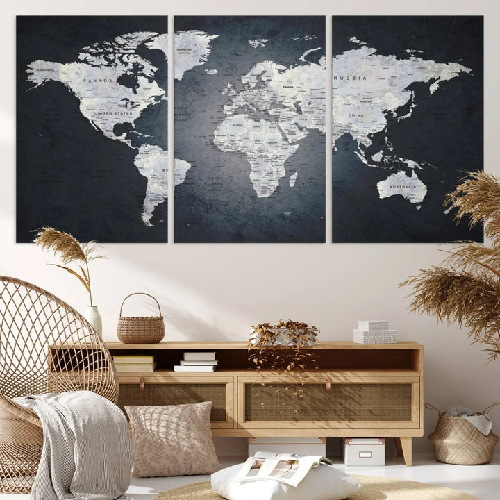 The Large Wall Art Push Pin World Map Canvas Print, featuring a three-panel design on museum-quality canvas, adorns the wall.