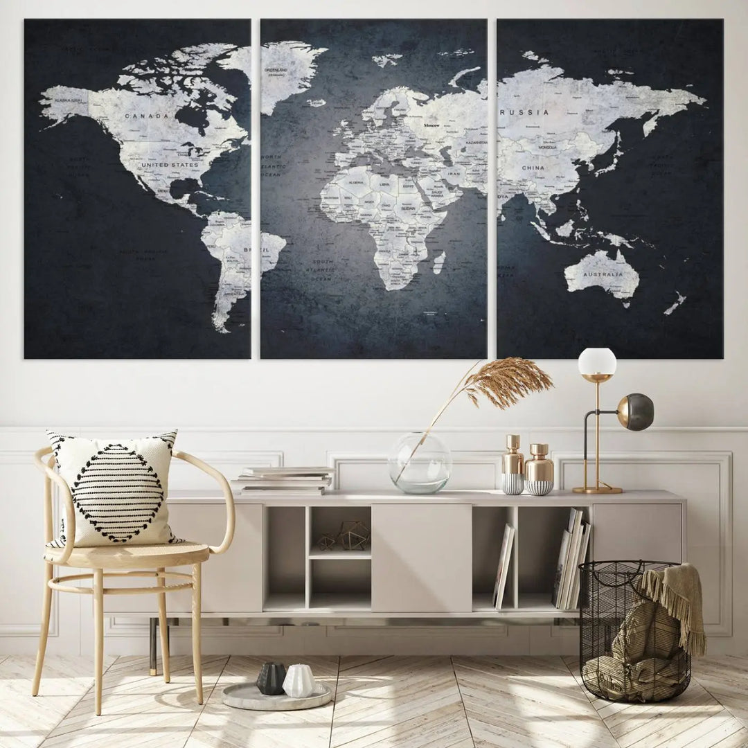 The Large Wall Art Push Pin World Map Canvas Print, featuring a three-panel design on museum-quality canvas, adorns the wall.