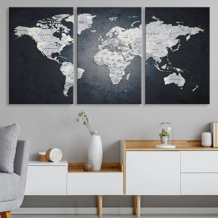 The Large Wall Art Push Pin World Map Canvas Print, featuring a three-panel design on museum-quality canvas, adorns the wall.