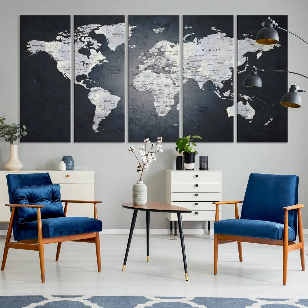 The Large Wall Art Push Pin World Map Canvas Print, featuring a three-panel design on museum-quality canvas, adorns the wall.