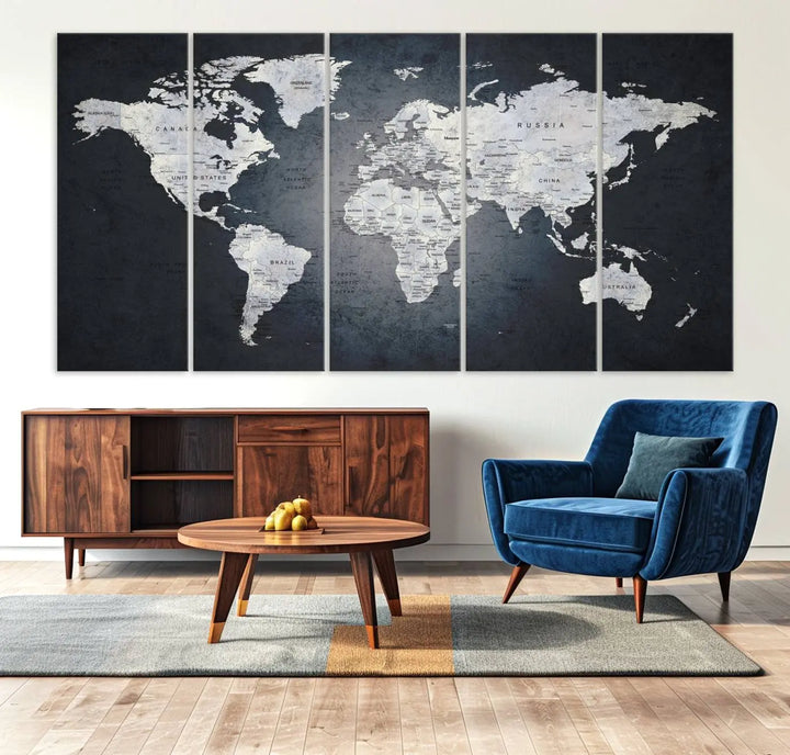 The Large Wall Art Push Pin World Map Canvas Print, featuring a three-panel design on museum-quality canvas, adorns the wall.