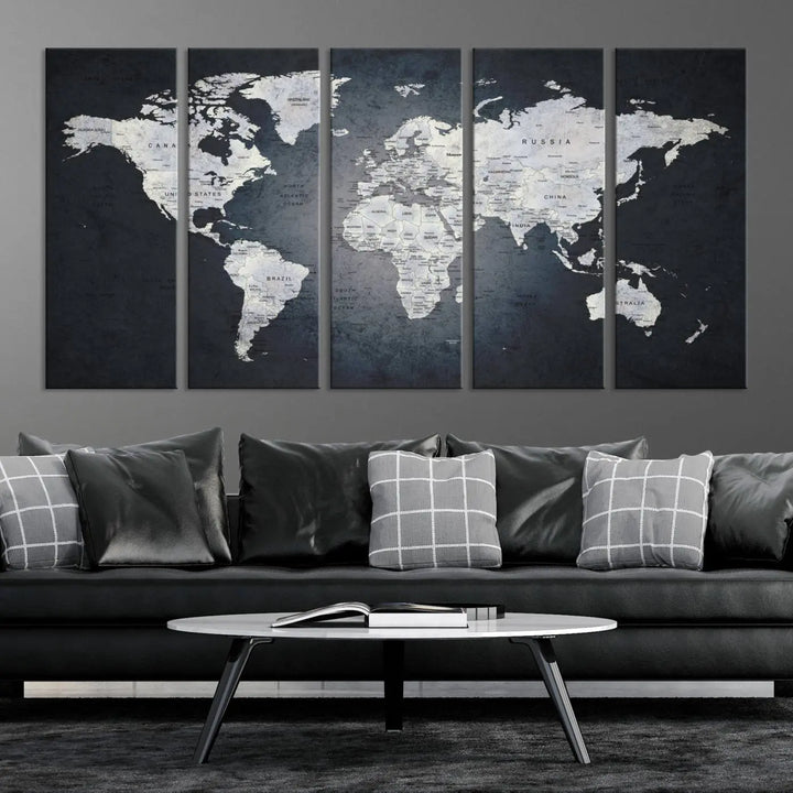 The Large Wall Art Push Pin World Map Canvas Print, featuring a three-panel design on museum-quality canvas, adorns the wall.