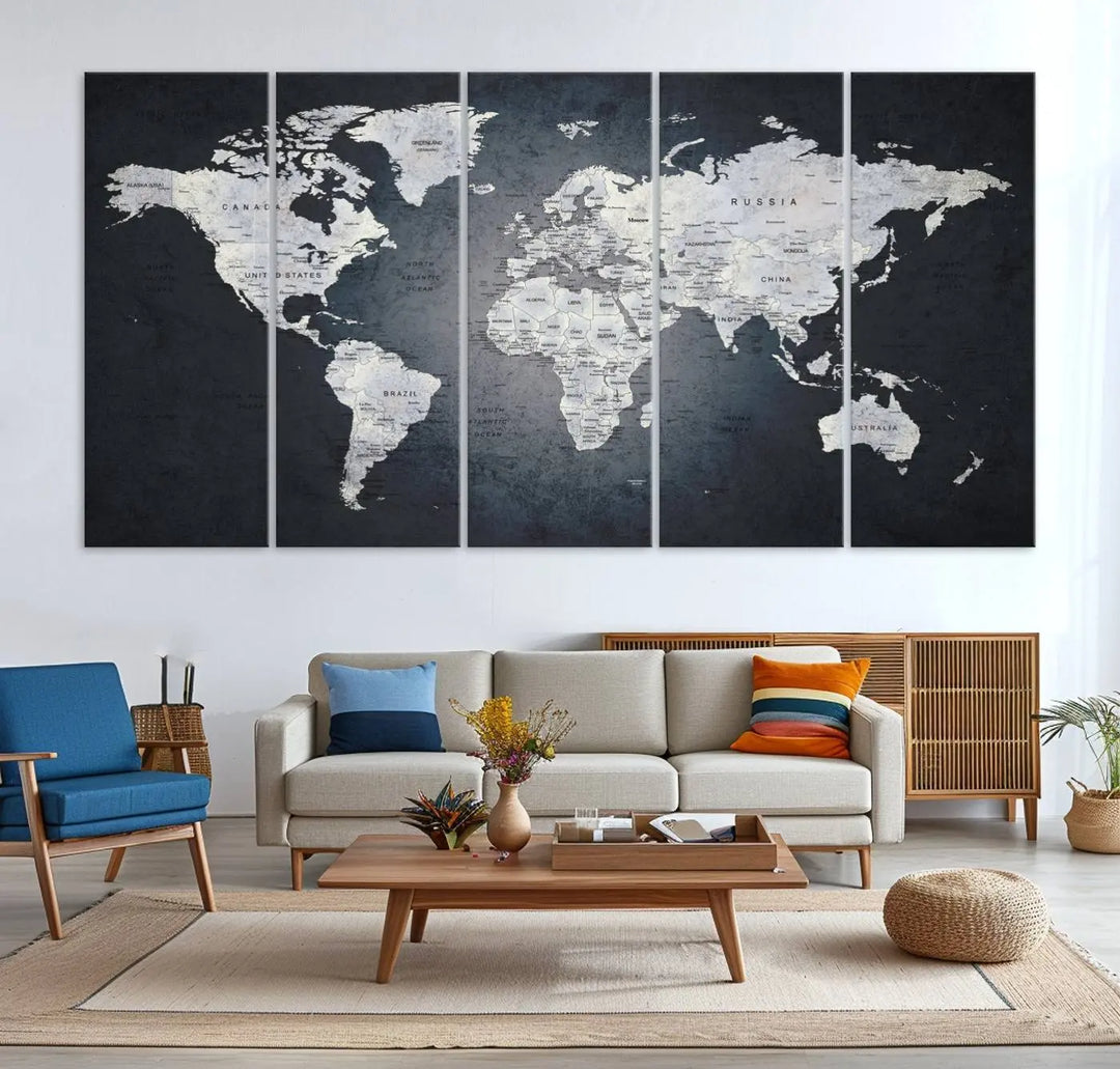 The Large Wall Art Push Pin World Map Canvas Print, featuring a three-panel design on museum-quality canvas, adorns the wall.