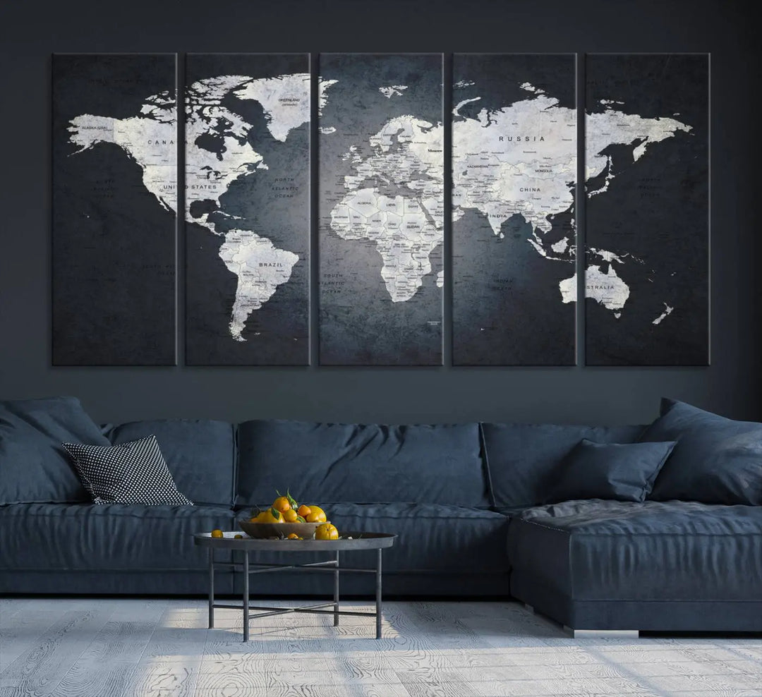 The Large Wall Art Push Pin World Map Canvas Print, featuring a three-panel design on museum-quality canvas, adorns the wall.