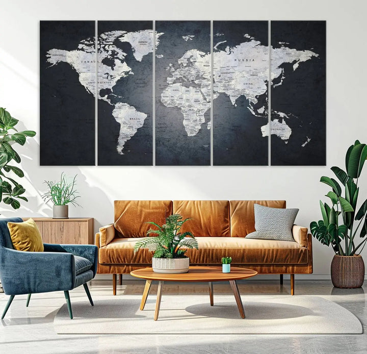 The Large Wall Art Push Pin World Map Canvas Print, featuring a three-panel design on museum-quality canvas, adorns the wall.