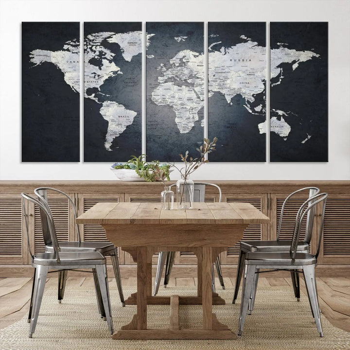 The Large Wall Art Push Pin World Map Canvas Print, featuring a three-panel design on museum-quality canvas, adorns the wall.