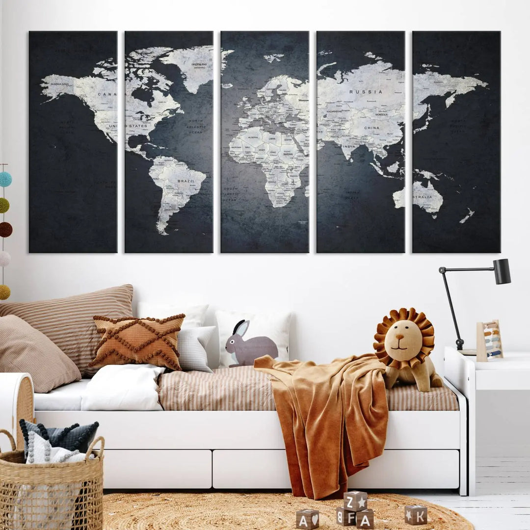 The Large Wall Art Push Pin World Map Canvas Print, featuring a three-panel design on museum-quality canvas, adorns the wall.