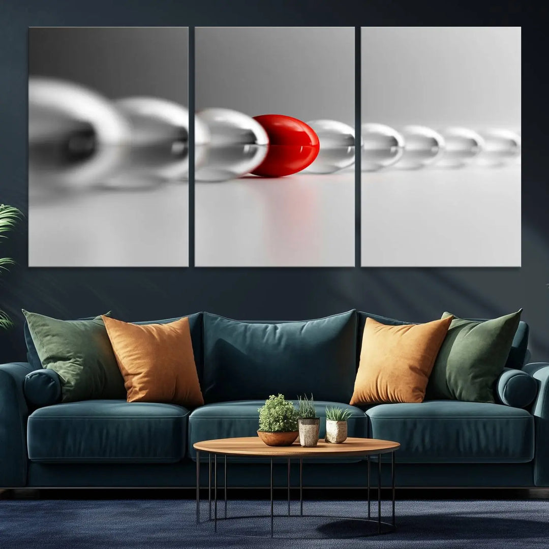 Displayed in a dining room, the Red Ball in Gray Balls canvas boasts a gallery-quality finish.