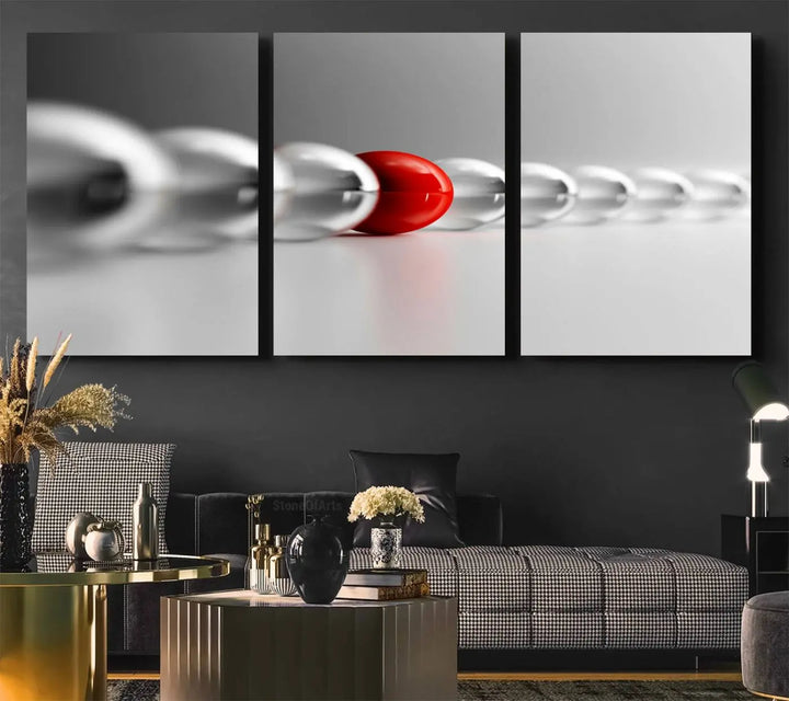 Displayed in a dining room, the Red Ball in Gray Balls canvas boasts a gallery-quality finish.