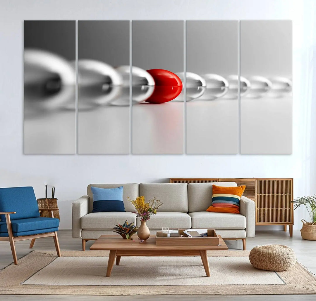 Displayed in a dining room, the Red Ball in Gray Balls canvas boasts a gallery-quality finish.