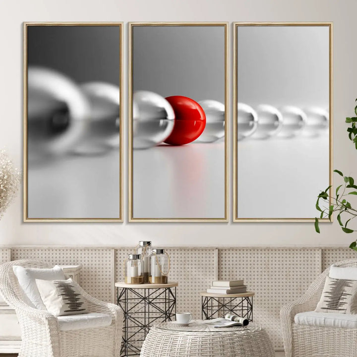 Displayed in a dining room, the Red Ball in Gray Balls canvas boasts a gallery-quality finish.