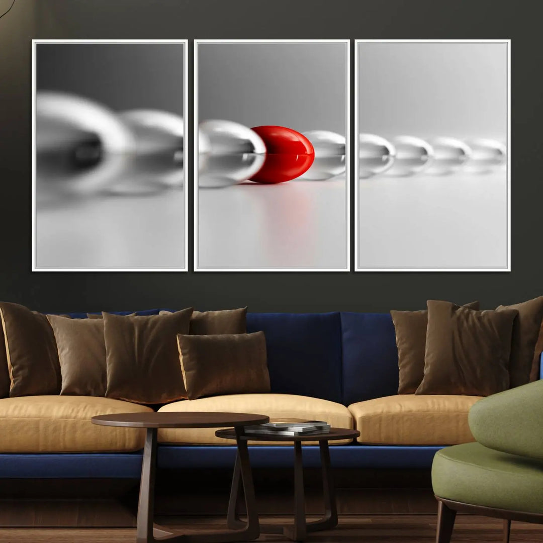 Displayed in a dining room, the Red Ball in Gray Balls canvas boasts a gallery-quality finish.