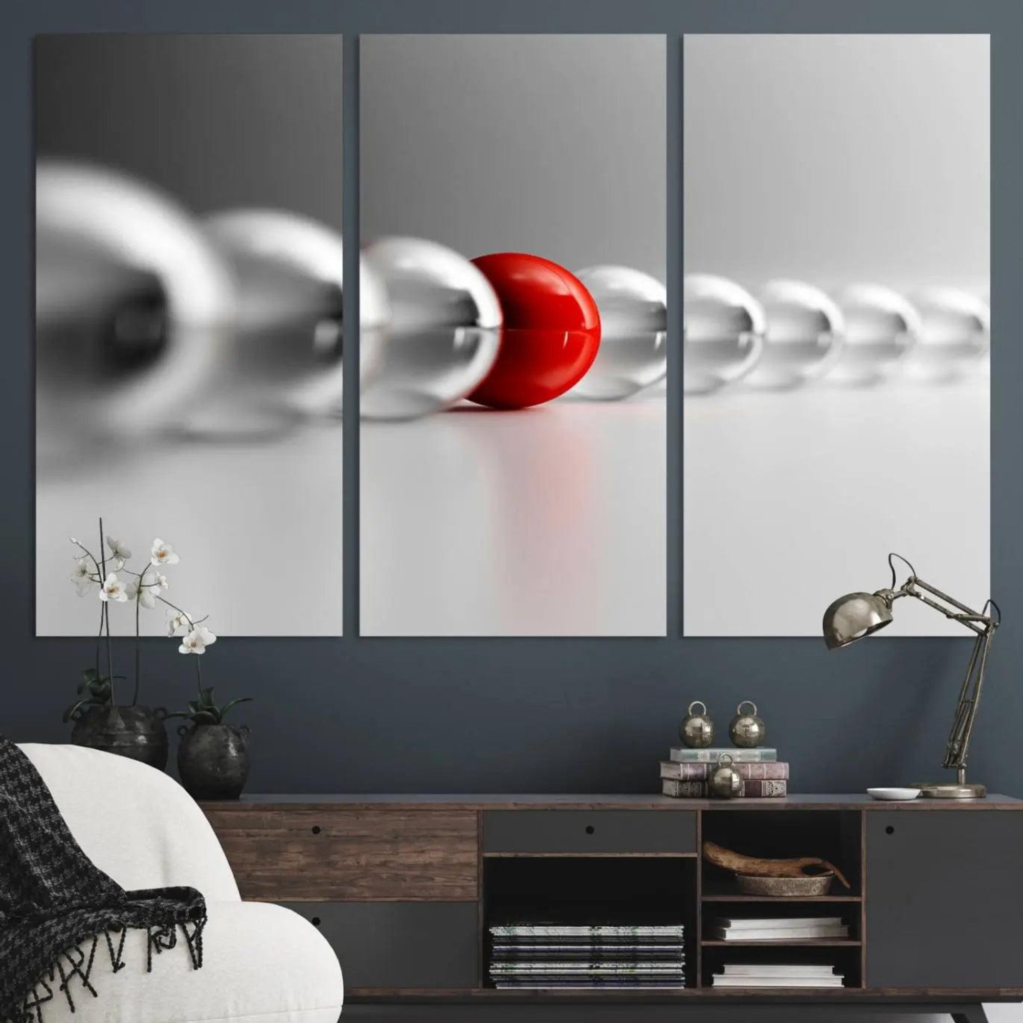 60978-MGV-CV-48X32-3P-Large Wall Art Red Ball in Gray Balls Canvas Art Print Large Wall Art Black White Different Art