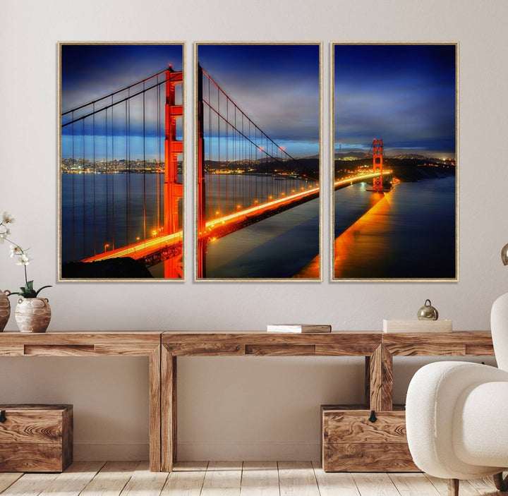 27118-MGV-FC-48X32-3P_Natural-Large Wall Art San Francisco Canvas Print - Wonderful Golden Gate Bridge at Twilight