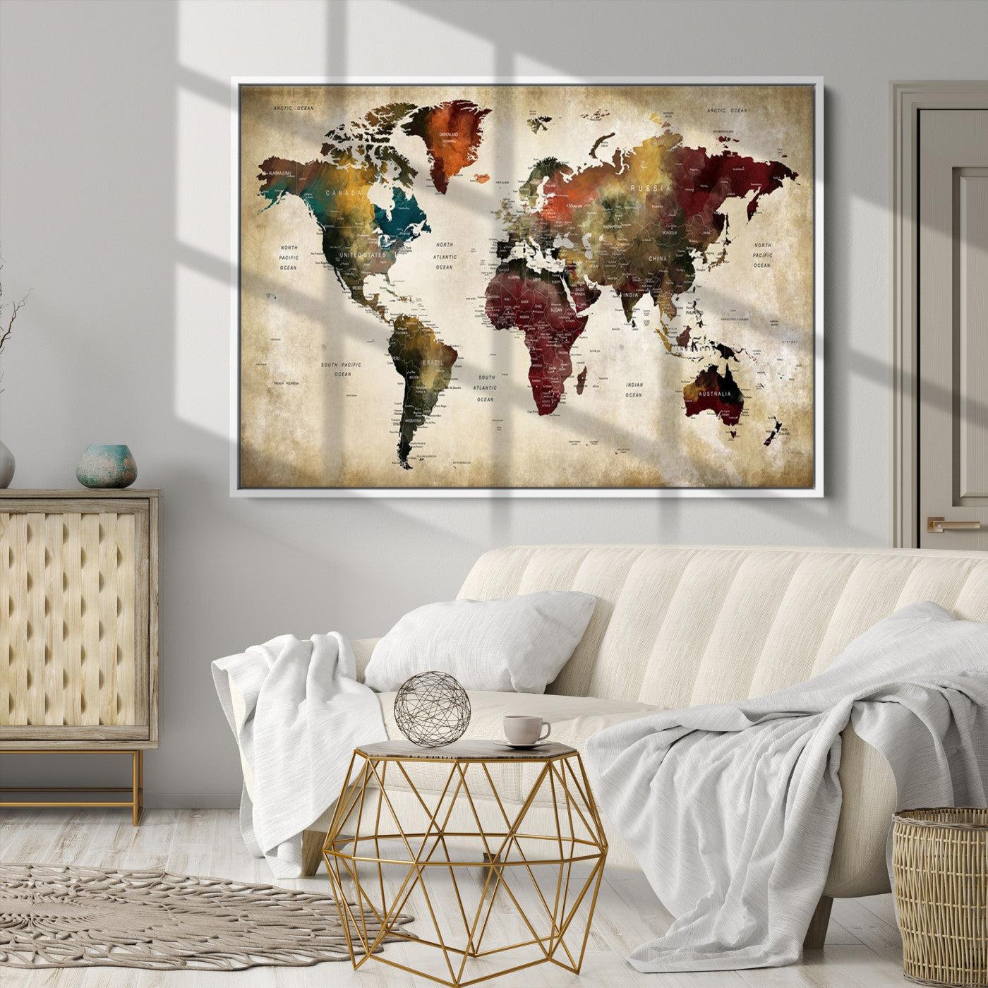 Large World Map Wall Art Canvas Print, Push Pin Map Print, Framed Abstract Traveller Map Art Print, Large Watercolor World Map Printing