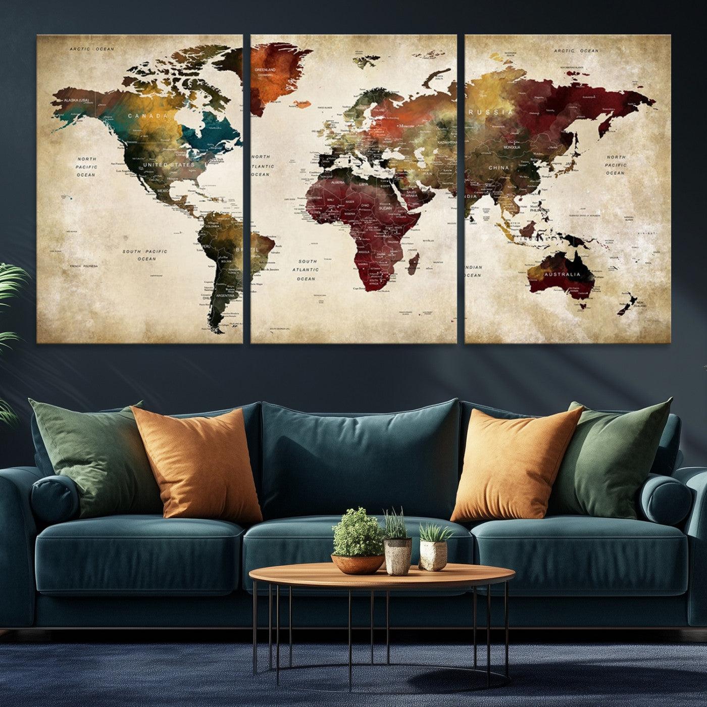 63870-MGV-CV-36X24-Large World Map Wall Art Canvas Print, Push Pin Map Print, Framed Abstract Traveller Map Art Print, Large Watercolor World Map Printing
