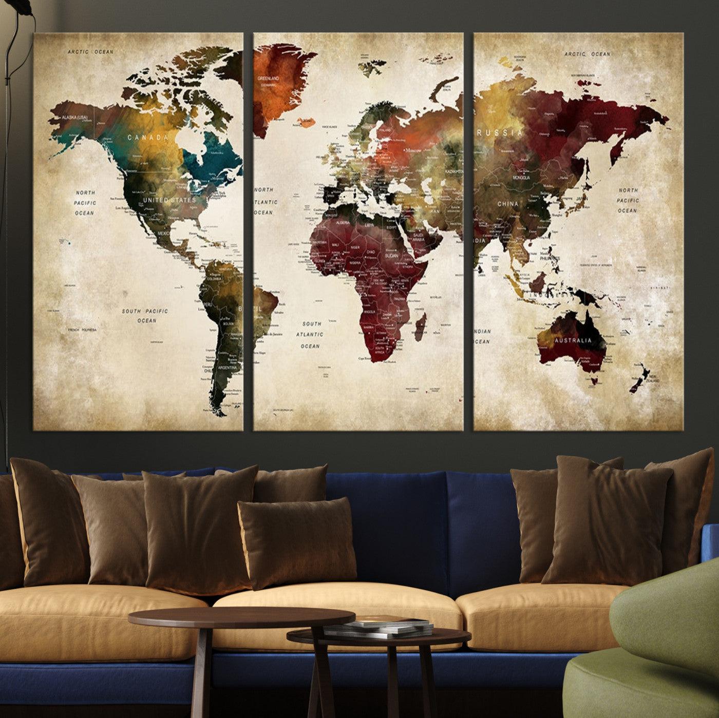 63870-MGV-CV-36X24-Large World Map Wall Art Canvas Print, Push Pin Map Print, Framed Abstract Traveller Map Art Print, Large Watercolor World Map Printing