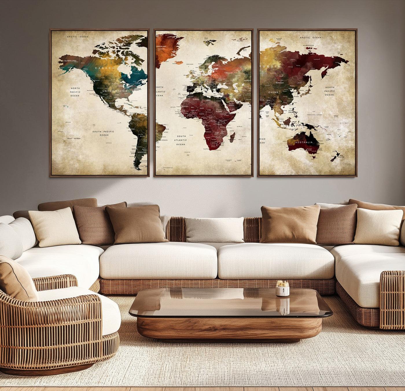 63870-MGV-CV-36X24-Large World Map Wall Art Canvas Print, Push Pin Map Print, Framed Abstract Traveller Map Art Print, Large Watercolor World Map Printing
