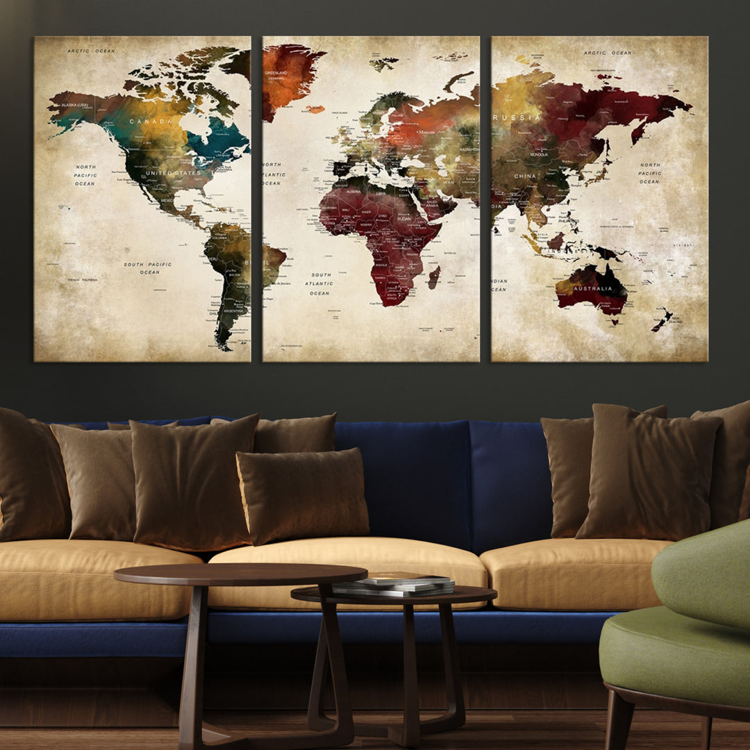 Large World Map Wall Art Canvas Print, Push Pin Map Print, Framed Abstract Traveller Map Art Print, Large Watercolor World Map Printing
