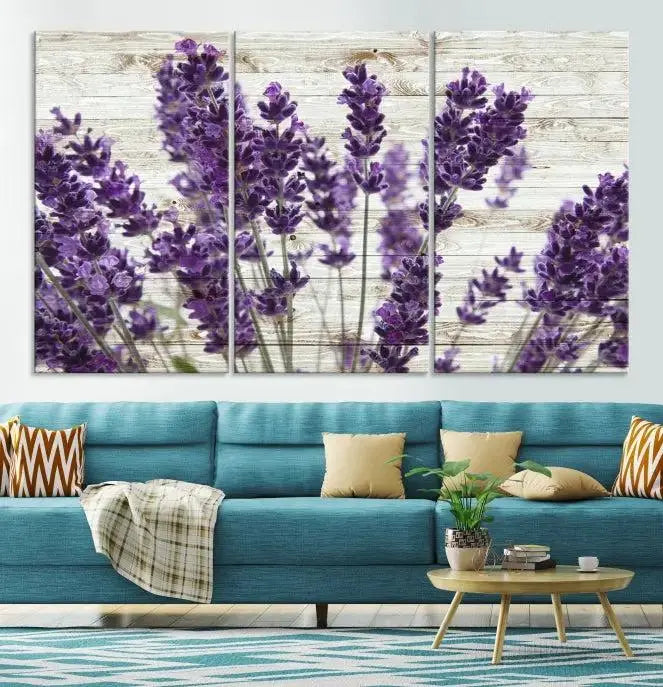 A Lavender Herb Wall Art Canvas Print, consisting of three panels on gallery-wrapped canvas, is displayed prominently.