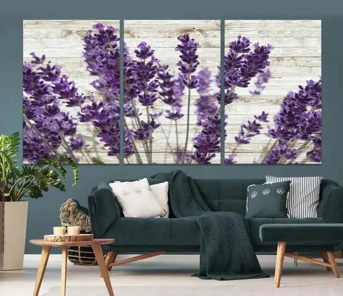 A Lavender Herb Wall Art Canvas Print, consisting of three panels on gallery-wrapped canvas, is displayed prominently.