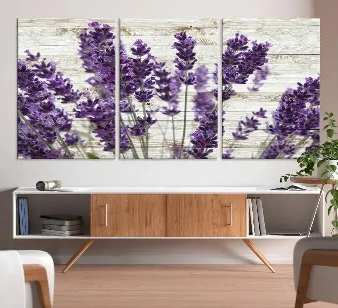 A Lavender Herb Wall Art Canvas Print, consisting of three panels on gallery-wrapped canvas, is displayed prominently.